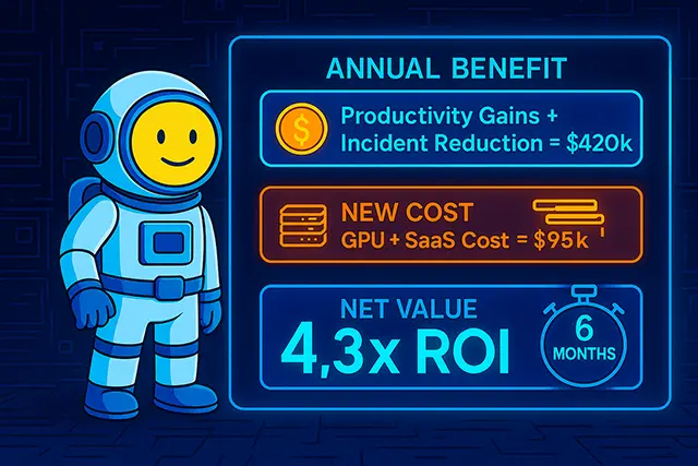 Agentic AI: How Multi-Agent Systems Will Rewire DevOps 2 Infographic showing the ROI of agentic AI in DevOps with $420k in annual gains, $95k in new costs, and a 4.3× return in just six months.