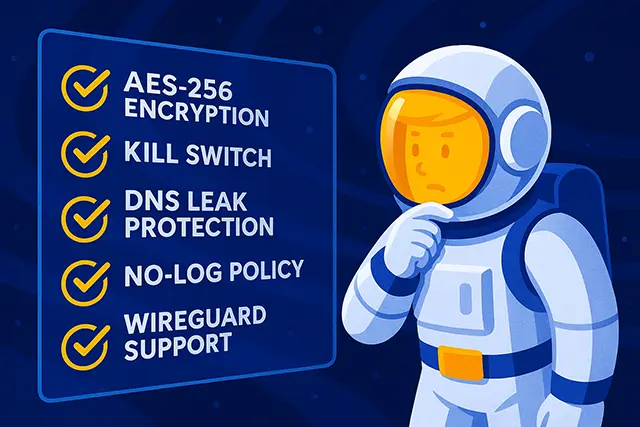 Astronaut evaluating a floating hologram listing VPN features: AES-256, kill switch, no logs, WireGuard
