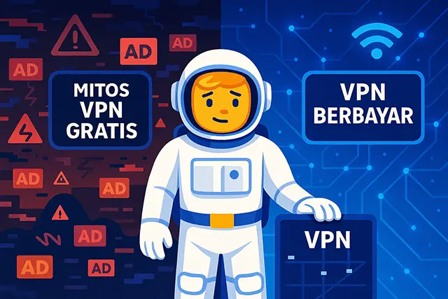 Split scene showing astronaut struggling in ad-filled chaos (free VPN) vs calm, secure space (paid VPN)