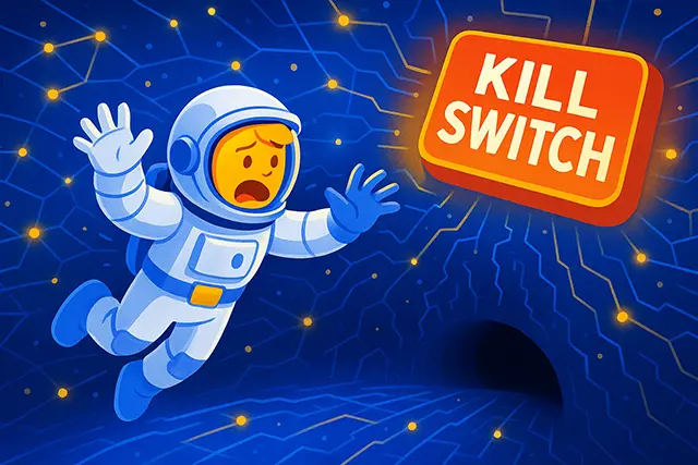 Astronaut about to fall into cyberspace, saved by a red kill switch button VPN fail-safe feature