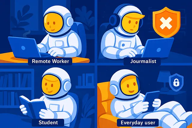Astronaut shown as a remote worker, journalist, student, and home user illustrating VPN users