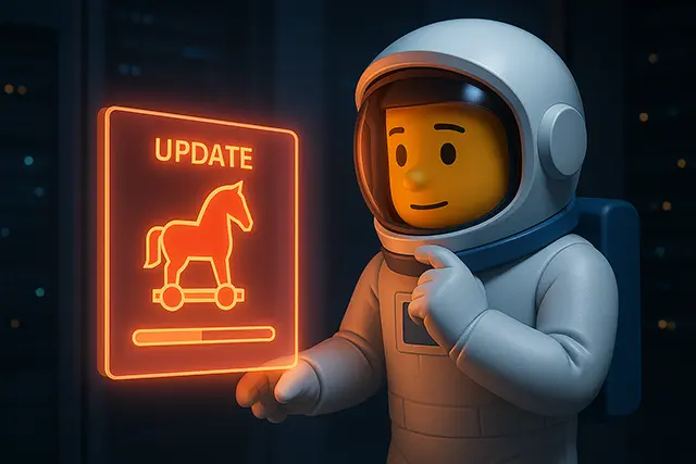 Malware Attacks Explained: Viruses, Trojans, and Ransomware 2 Astronaut examining a glowing Trojan-horse software-update panel, depicting deceptive malware attacks delivered through supply-chain tactics.