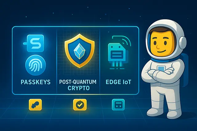 Three glowing panels representing the future of zero trust security software: passkeys, post-quantum cryptography, and edge IoT, with the NCSE mascot standing confidently beside them.