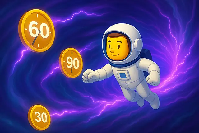 The NCSE astronaut flies horizontally through a glowing purple time vortex marked with clocks labeled 30, 60, and 90, visualizing a fast-track rollout plan for zero trust security software.