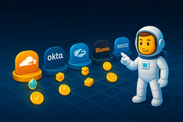 A futuristic vendor matrix comparing top zero trust security software platforms like Cloudflare, Okta, and Reco, visualized as digital pods with icons for PQC, micro-segmentation, and pricing, as the NCSE mascot highlights a preferred choice.