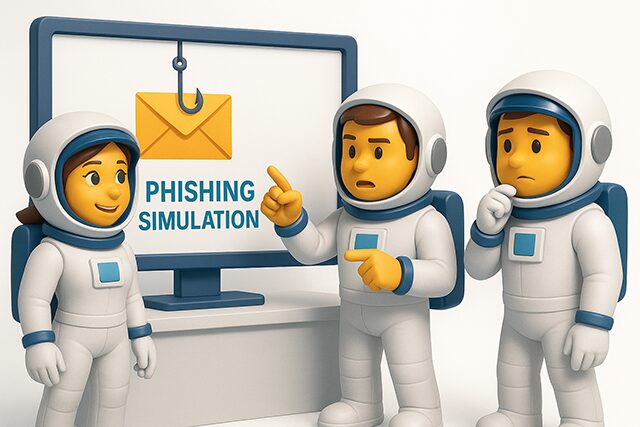 How to Prevent Phishing Attacks: A Technical Professional's Guide 1 Three astronaut employees completing an anti-phishing simulation on a security dashboard to stop social-engineering threats.