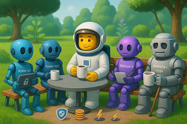 Beyond Tomorrow's Encryption: Essential Post-Quantum Tools That Will Shield Your Data from Quantum Attacks 1 Post-Quantum Tools like Kyber-512, Kyber-1024, Dilithium-3, and SPHINCS+-128f illustrated as robots sharing a coffee break with an astronaut in a digital garden.