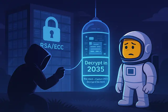 The Quantum Threat Timeline: When Your Encryption Expires 1 A hooded figure stealing encrypted data at night while an astronaut watches, illustrating the quantum threat of harvest now, decrypt later with a capsule marked Decrypt in 2035 and RSA/ECC encryption symbols.