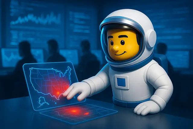 Types of Cyber Attacks That Cost US Businesses $10.5 Trillion This Year 2 NCSE astronaut mascot zooming in on a holographic U.S. hotspot map at an SOC console, analyzing real-time traffic spikes to understand multiple Types of Cyber Attacks.