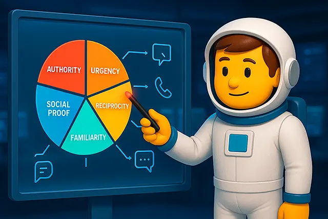 Social Engineering Attacks: Psychology Behind Modern Cyber Threats 1 NCSE astronaut instructor points to a five-segment pie chart of cognitive biases that power social engineering attacks on a holographic board.