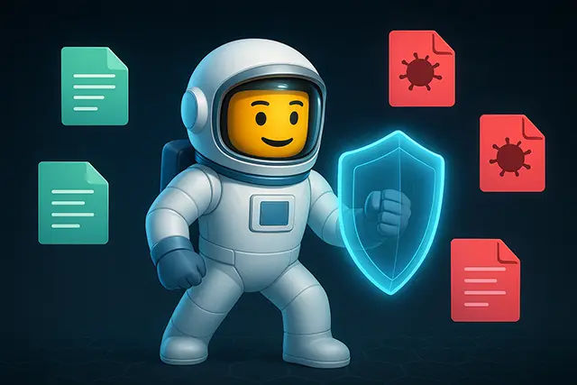Malware Attacks Explained: Viruses, Trojans, and Ransomware 1 Astronaut holding a blue shield to protect clean files from infected ones, visualizing common types of malware attacks such as viruses and worms.