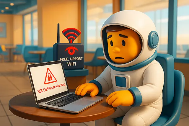 Man in the Middle Attacks: How Hackers Intercept Your Data 1 NCSE astronaut using public WiFi in an airport café, unaware of MITM attack router labeled Free_Airport_WiFi with red eye icon, laptop shows SSL certificate warning.