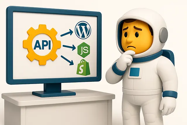 API-first architecture integration diagram analyzed by NCSE astronaut character in 3D style, with WordPress, Node.js, and Shopify logos on screen