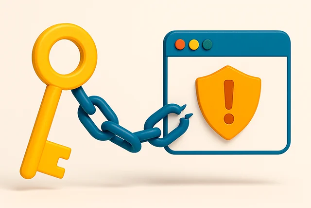 Cloud Security Attacks: Protecting Your Digital Infrastructure 2 A yellow key with a broken chain connected to a warning shield icon, representing IAM misconfiguration in cloud security attacks.