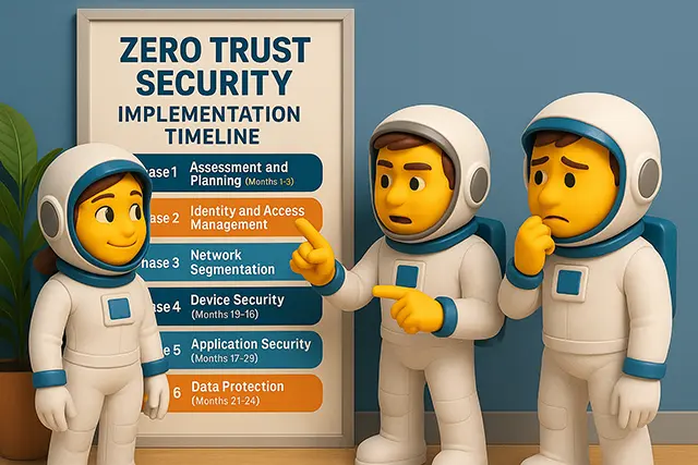 Zero trust security implementation timeline infographic with three cartoon astronauts in an office setting discussing each phase
