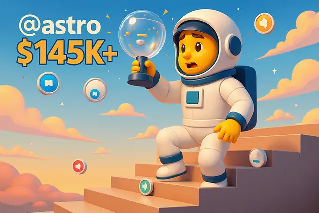 NCSE astronaut mascot climbing stairs holding trophy showing $145K+ salary, voice assistant icons floating around, representing career growth in voice-first development