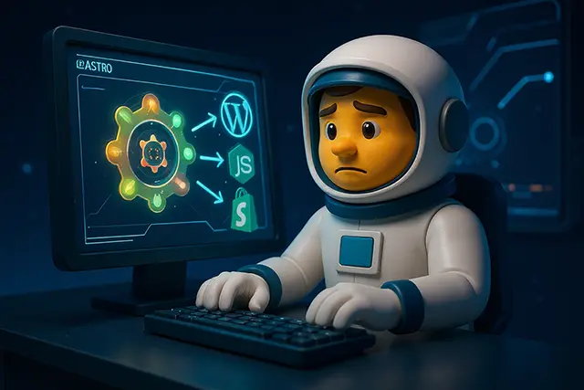 Astro the astronaut mascot working at computer terminal with PostgreSQL database integration dashboard showing WordPress, JavaScript and tech stack connections - PostgreSQL AI development environment