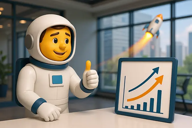Astro the astronaut mascot giving thumbs up next to rising performance chart with rocket launch in background - PostgreSQL AI performance benchmarks and growth metrics