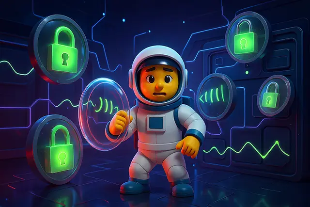 NCSE astronaut mascot protecting voice data with green security padlocks and encryption shields, sound waves secured in bubbles, cybersecurity theme