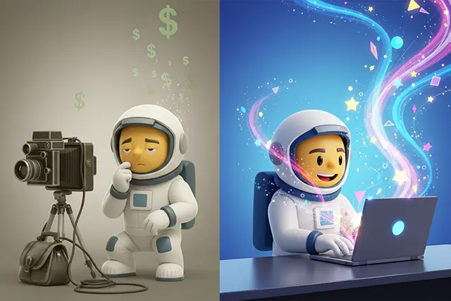 Why I Fired My Video Team for an AI Video Generator And Tripled ROI 1 Cost comparison illustration - Left: Astro with traditional camera losing money, Right: Astro creating videos with AI video generator software