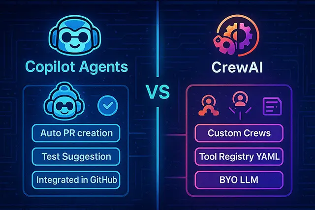 Agentic AI: How Multi-Agent Systems Will Rewire DevOps 1 Comparison chart between Copilot Agents and CrewAI frameworks for agentic AI in DevOps, highlighting PR automation, YAML registry, and BYO LLM support.
