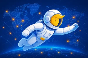 Astronaut flying through a digital Earth network representing global VPN protection