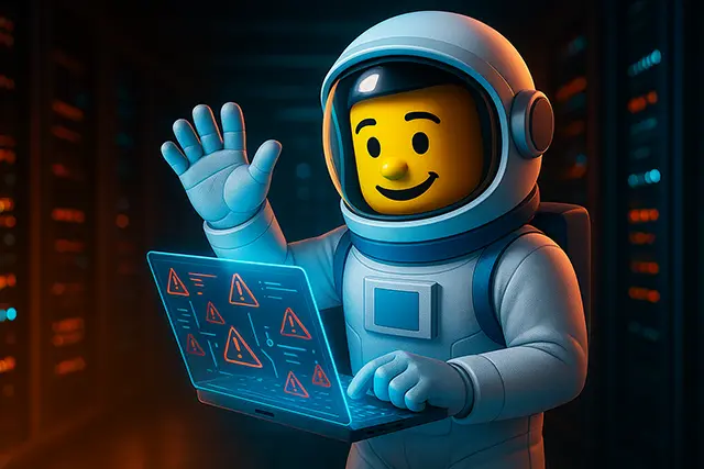 Hero illustration of malware attacks astronaut scanning a laptop in a dark server room to highlight modern types of malware attacks