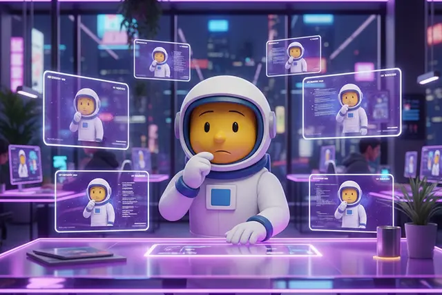 Astro character using AI video generator technology at futuristic holographic desk with multiple floating screens showing video creation process